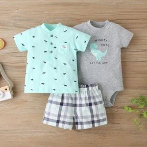 3pcs Romper & Animal Pattern Shirt & Plaid shorts